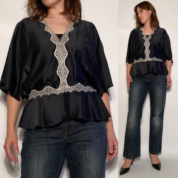 Vintage Y2K does 1930s Real SILK & LACE Bed Jacket Style Top by Express! Large - Picture 1 of 7